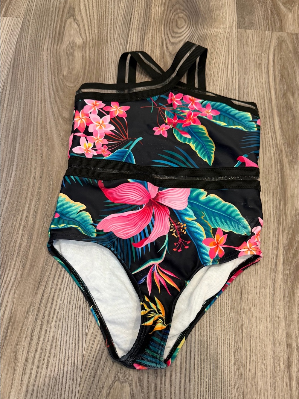 Girls' Black Tropical Floral One-Piece Swimsuit